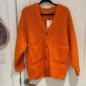 Zara Orange Chunky Knit V-Neck Cardigan